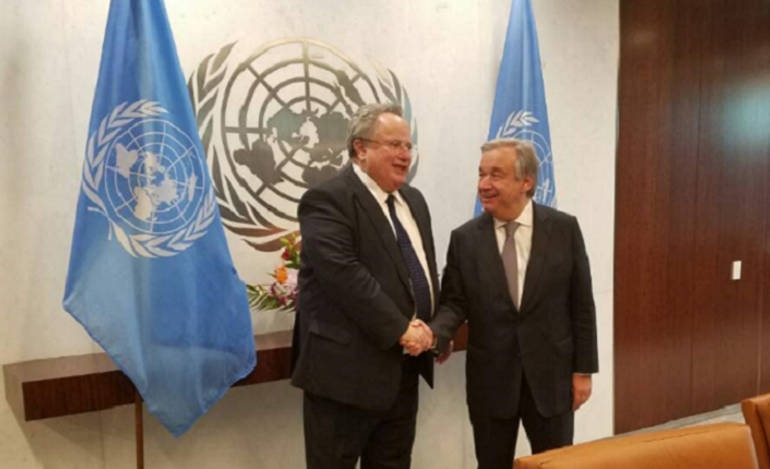 Ο Υπουργός Εξωτερικών, Ν.Κοτζιάς με τον Γενικό Γραμματέα του ΟΗΕ, Α.Γκουτιέρες